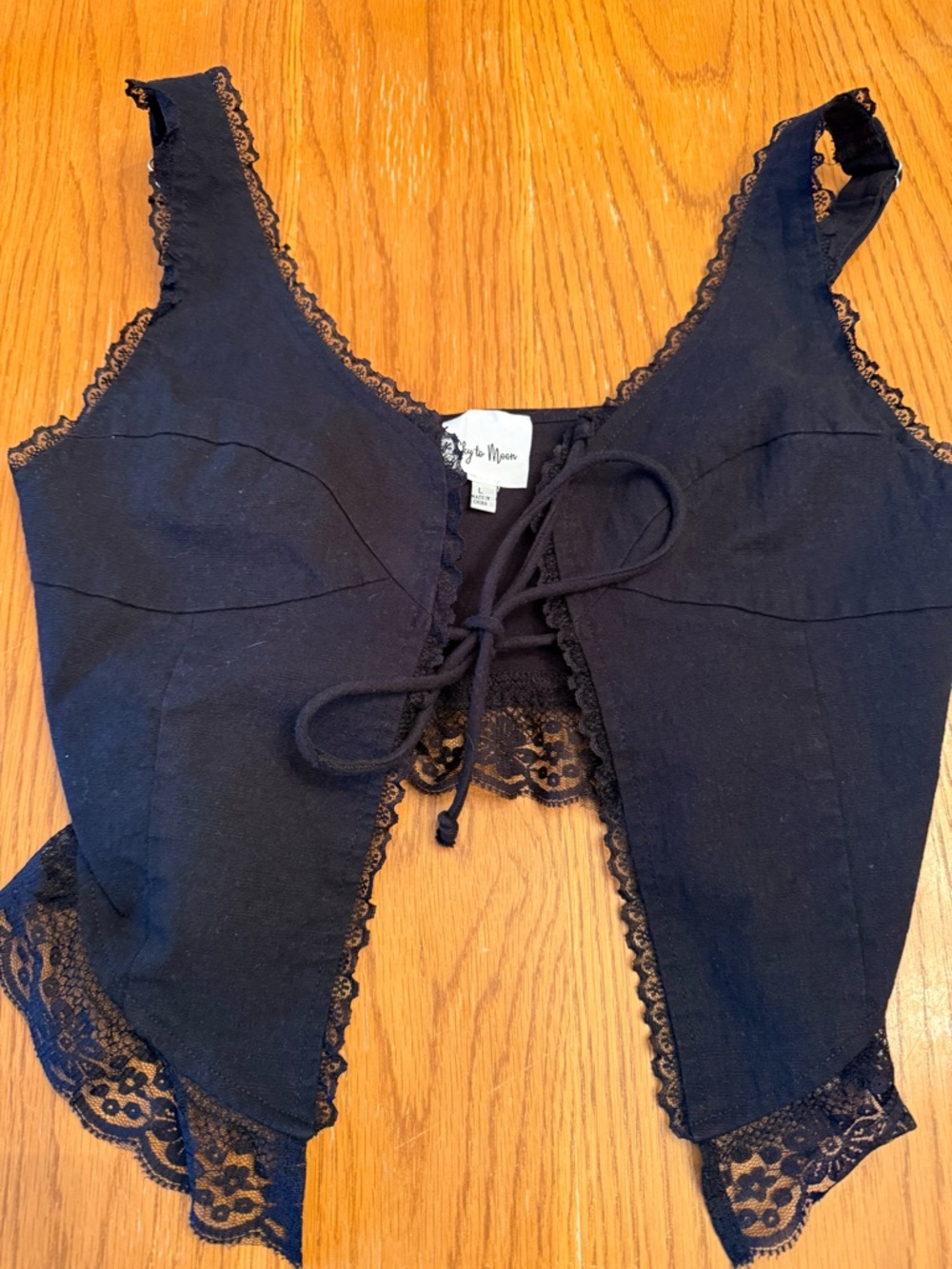 Black Lace-Trim Crop Top with Front Tie